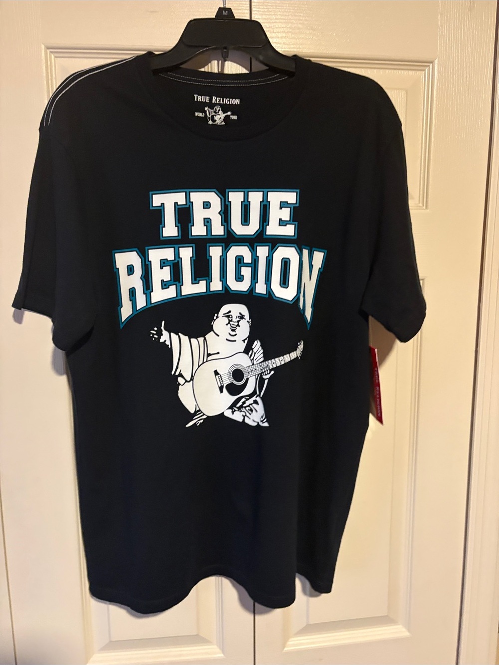 True Religion Black Tee with White and Teal Graphic